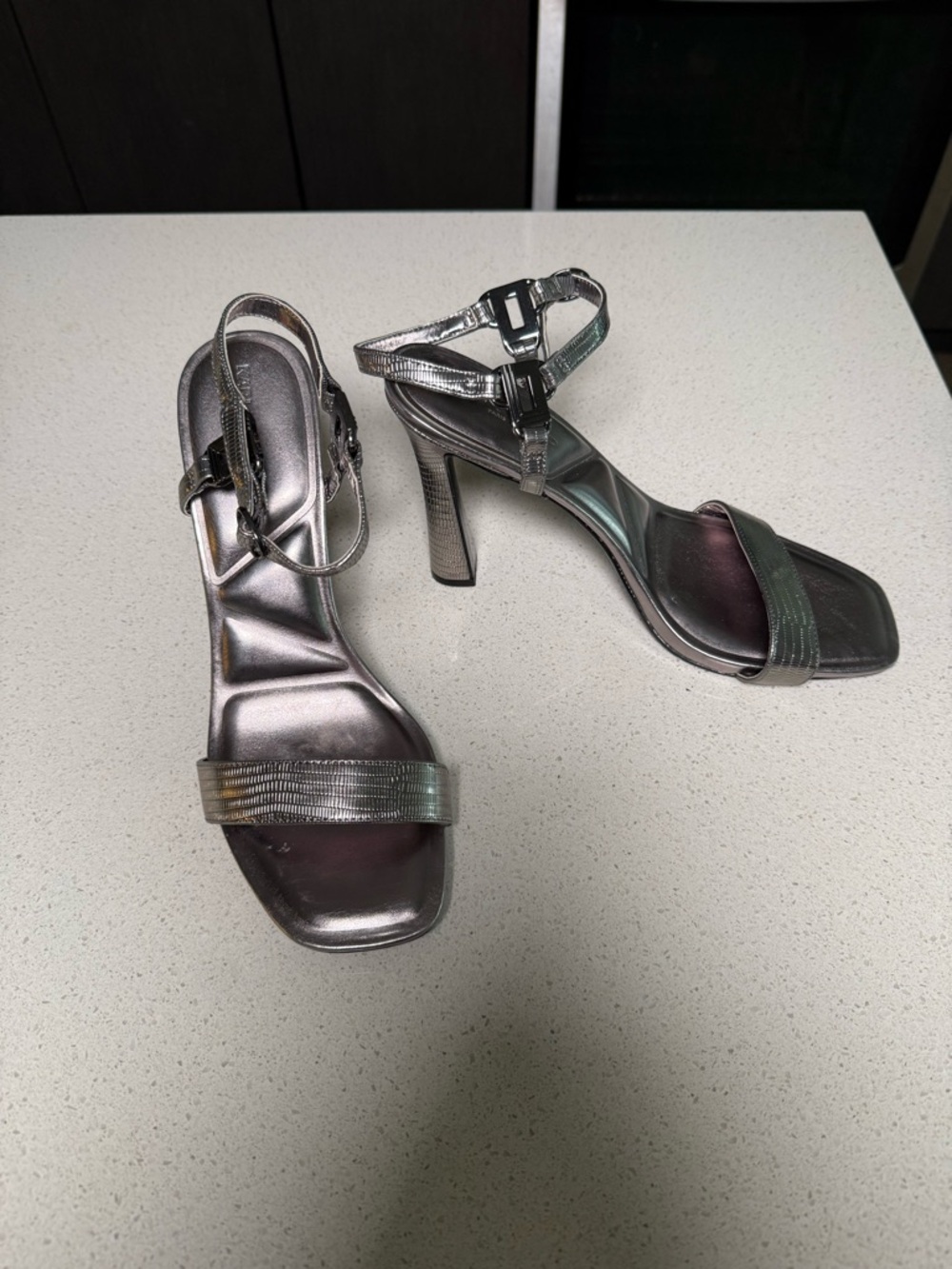 Karl Lagerfeld Metallic Silver Iridescent Strappy Block Heel Sandals